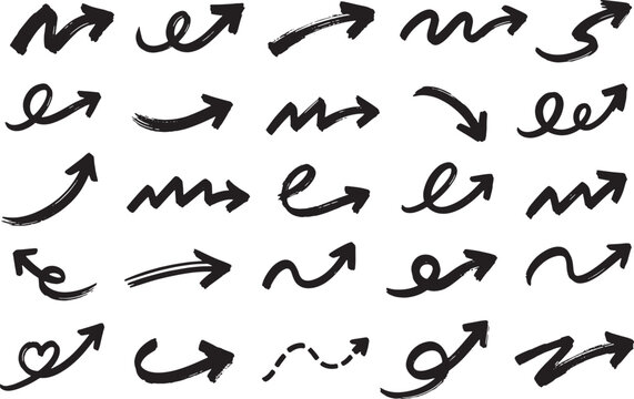 Hand Drawn Brush Arrow Collection &ndash; Curved Sketch Direction Arrows Vector Set