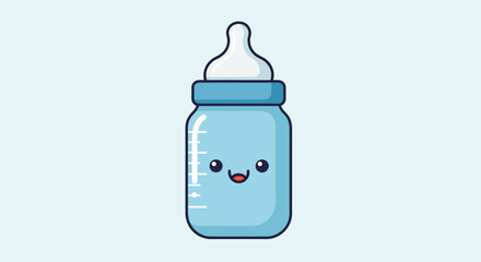 Blue baby bottle with cute smiling face and white nipple isolated on pale blue background, graphic design.