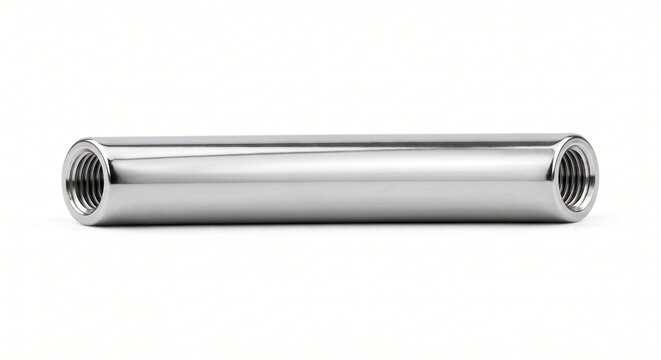 Macro of an internally threaded titanium barbell shaft. Highly polished, micro-machined straight metallic post isolated on white.