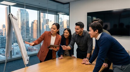 Fototapeta premium Young Asian businesswoman presenting project on whiteboard flipchart to creative startup team in modern office. Group of multiethnic corporate colleagues brainstorming ideas at meeting table