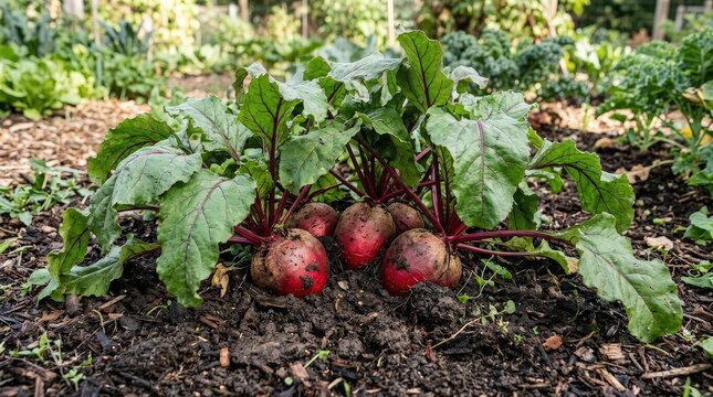 Fresh red beets growing in organic garden soil with lush green leaves in a sustainable home vegetable farm