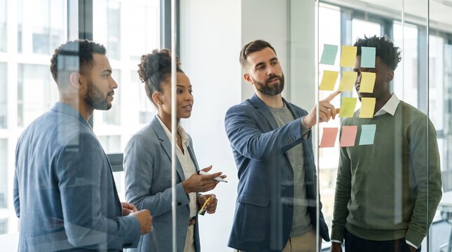 Multiracial corporate team brainstorming and planning project strategy using sticky notes on glass wall in office, diverse business people discussing agile workflow and creative ideas.