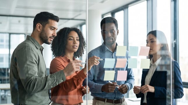 Focused multiethnic business team brainstorming project ideas using colorful sticky notes on glass wall. Diverse creative coworkers planning agile workflow strategy in modern office.