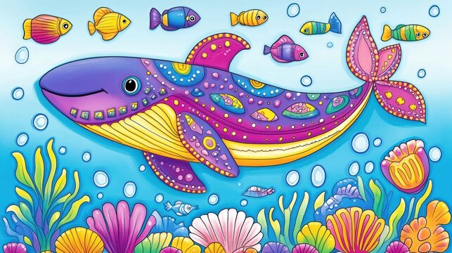 Whimsical illustration of a purple whale surrounded by colorful fish and coral in ocean scene