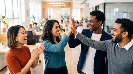 Fototapeta premium Joyful diverse creative team celebrating success with high five at modern bright open space office. Happy multiethnic corporate colleagues cheering, laughing, enjoying teamwork triumph.