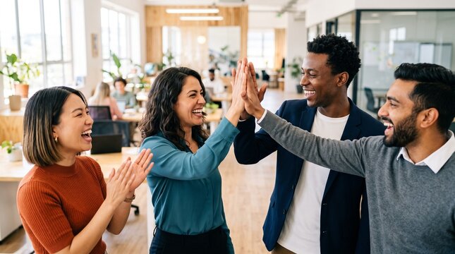 Joyful diverse creative team celebrating success with high five at modern bright open space office. Happy multiethnic corporate colleagues cheering, laughing, enjoying teamwork triumph.