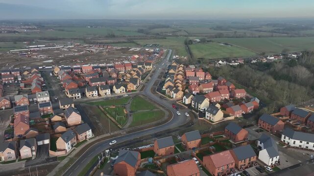 Aerial Drone View of Hanwood Park New Housing Development in Barton Seagrave Northamptonshire UK