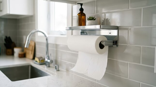 Modern chrome paper towel holder mounted on a white subway tile kitchen backsplash in a bright home