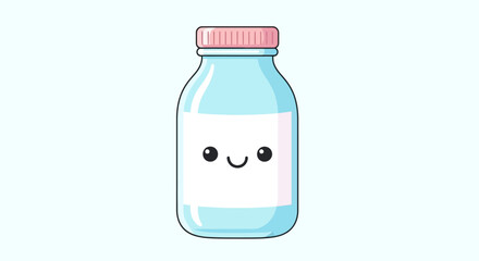 Kawaii glass bottle with pink cap and happy face icon isolated on pale blue background perfect for children design art.