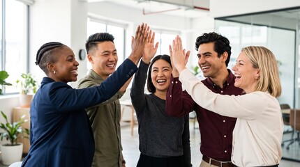 Obraz premium Successful diverse business team giving high five in modern office, corporate victory celebration, happy multiracial colleagues smiling, professional teamwork unity and financial growth concept