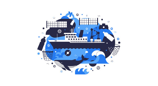 Ocean Pollution and Marine Conservation Illustration with Whale, Ship, and Plastic Waste