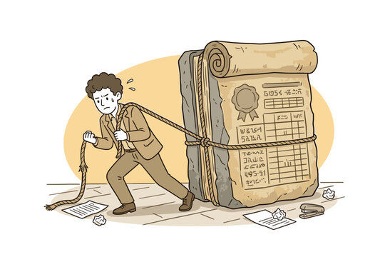 Man struggling to pull a massive, ancient scroll tied with rope