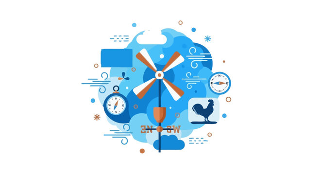 Meteorology and Weather Forecast Concept Illustration with Wind Vane, Compass, and Weathercock Icons in Flat Style