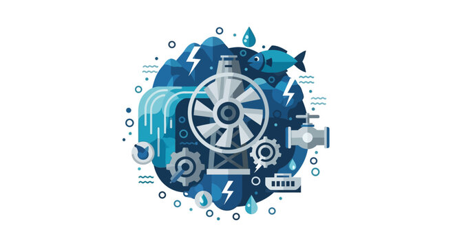 Renewable Hydropower and Sustainable Water Energy Flat Vector Illustration Concept