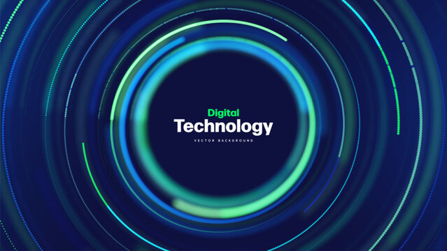 Technology Digital Abstract Background Circle Light With Glowing Neon Rings Creating A Modern Futuristic Interface For Innovation, Communication, Presentation, Branding, And Corporate Design. Vector 