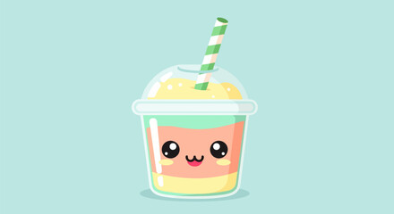 Kawaii fruit smoothie illustration featuring cute face and colorful layers with striped straw in plastic dome lid cup art. © MstParvin