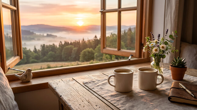 Coffee cups sit on a rustic wooden table beside an open window overlooking a misty mountain valley at sunrise.