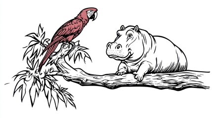 Obraz premium Hand-drawn-style image of a parrot on a branch with a hippo looking on