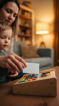 Mother showing child how to use payment card terminal at home. Concept of cashless payments, supervised spending, practical financial literacy and everyday money management skills.