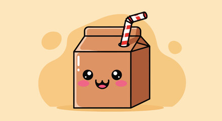 Cute chocolate milk carton character with striped straw and happy blushing face isolated on warm yellow background vector.