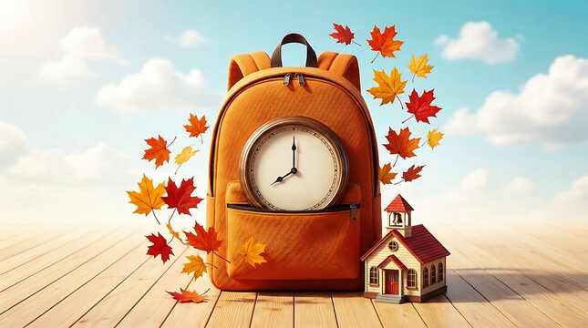 Orange backpack with clock face on wooden floor surrounded by falling autumn leaves and miniature school building toy model.