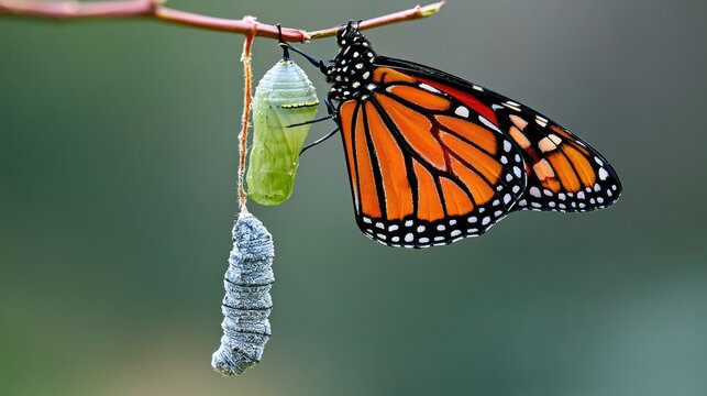 Monarch butterfly and green chrysalis on branch.