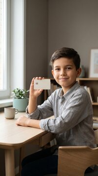 Boy holding first bank card while sitting at desk at home. Concept of youth banking, financial independence, responsible card ownership and personal finance education for children.