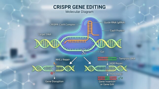 CRISPR-Cas9 complex illustrates precise genome editing, showing targeted DNA manipulation, molecular structure cleavage, and repair mechanism producing gene disruption or genetic insertion.