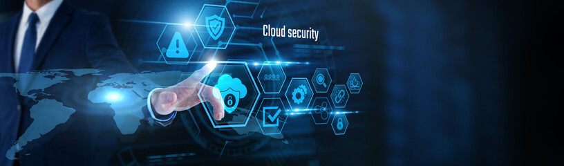 Businessman touch Cloud Security, and cybersecurity data. Cloud protection, secure network infrastructure, data encryption, cyber defense, risk management, information security. © Theyone