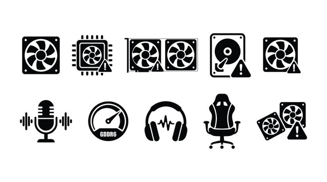 Computer hardware icons with warning symbols on white background flat vector illustration