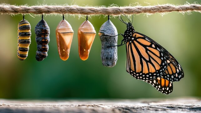 Monarch butterfly metamorphosis stages on a rope.