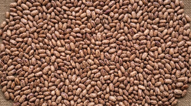 Raw pinto beans spread on burlap sack texture. Agribusiness crop harvest representing agricultural commodity trade.