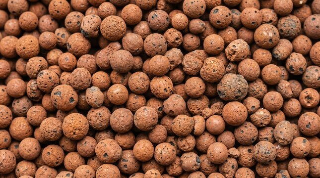 Expanded clay pebbles for hydroponic cultivation. Agribusiness substrate texture for modern greenhouse farming.