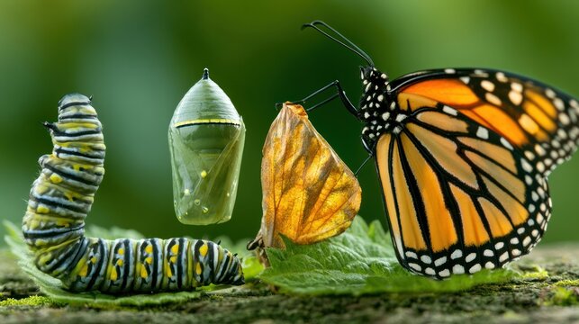 Monarch butterfly metamorphosis stages on green leaf background.