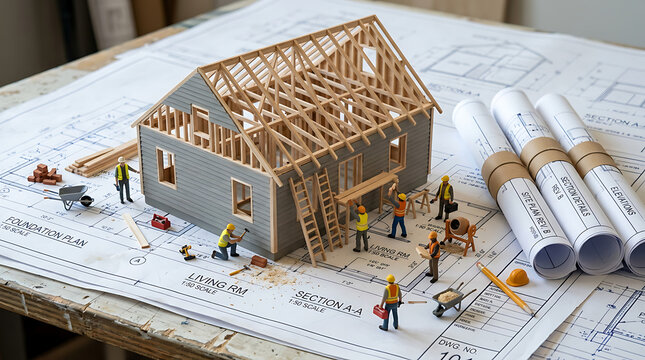 Architectural model of a house under construction with detailed blueprints