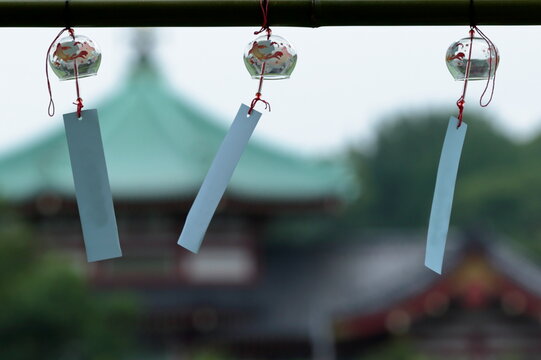 日本の夏の風景 涼しげな花柄のガラス風鈴と日本の伝統文化 / Japanese summer scenery: Refreshing glass wind chime with flower pattern and traditional Japanese culture
