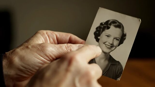Elderly hands gently hold a cherished vintage black and white photograph
