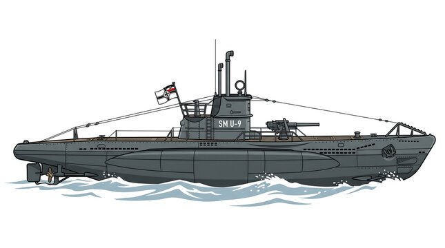 German SM U-9 submarine from World War I sailing on ocean waves vector illustration