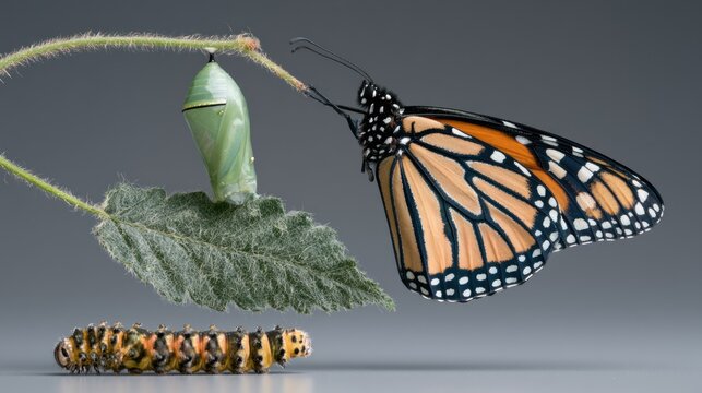 Monarch butterfly stages with caterpillar and chrysalis.