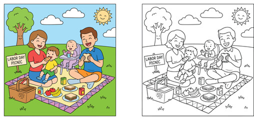 Fototapeta premium Labor Day picnic coloring page for kids with colored example, happy cartoon family having a picnic vector illustration.