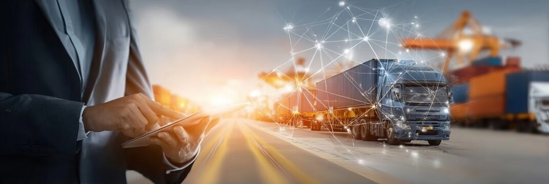 Businessman holding tablet, manager controlling modern smart logistic network and truck distribution