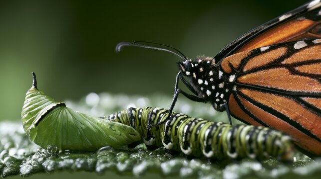 Monarch butterfly with caterpillar and chrysalis on leaf.