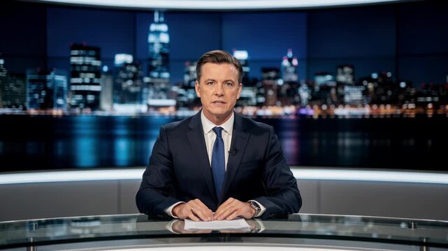 Professional male news anchor delivering evening broadcast with city skyline background in modern studio