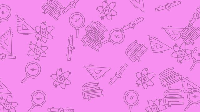 Pink science education doodle pattern with magnifying glasses, books, rulers, and atoms, suitable for educational materials and sciencerelated designs.