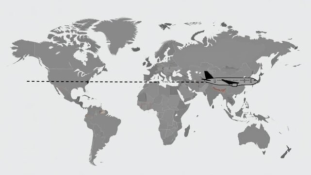 Silhouette airplane flying over world map. Air travel concept.