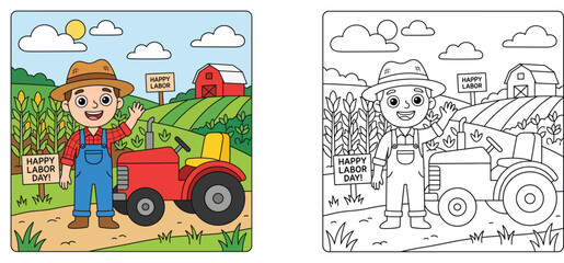 Happy Labor Day farmer with tractor coloring book page for kids, cute cartoon vector illustration with colored and outline line art activity sheet.