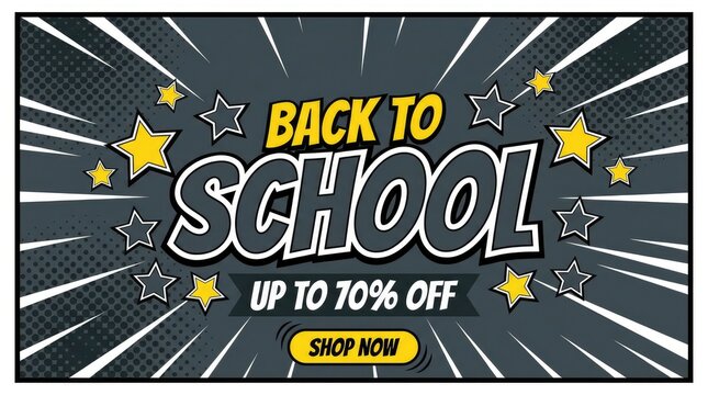 Back to school sale banner with comic book style, stars, and discount offer up to 70% off for online shopping.