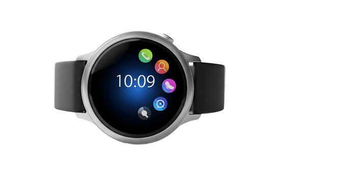 Silver smartwatch with black strap displaying a digital clock face and app icons studio shot
