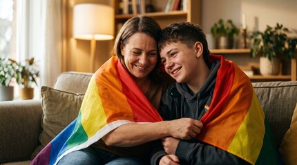 Obraz premium Woman and teenage boy wrapped in rainbow pride flags sitting on a couch, smiling and enjoying a cozy moment together in a well-lit living room