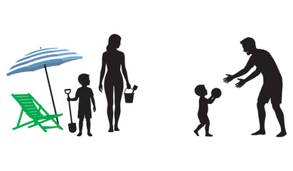 Obraz premium Family Playing Ball and Relaxing Under Umbrella Beach Silhouettes Vector